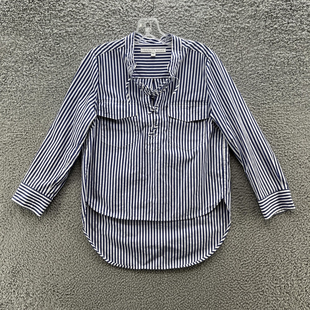 Veronica Beard Shirt Womens 4 Blue White Striped Nautical Lace Up Top Blouse
